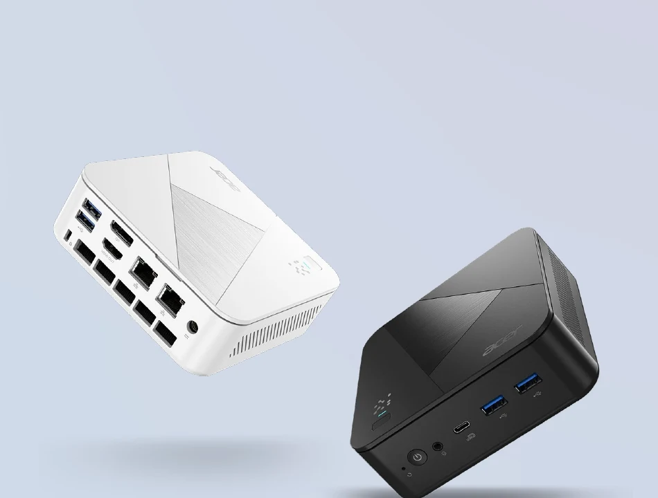 Acer Revo Box AI shown in its black and white finishes