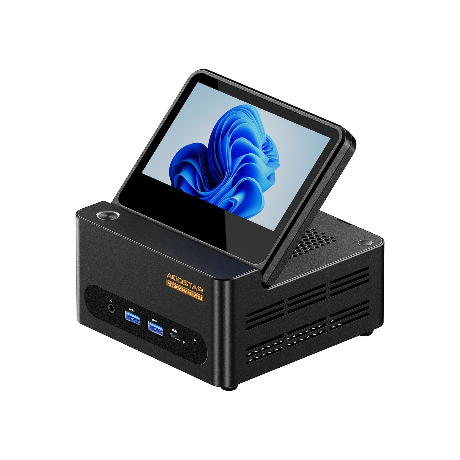 AOOSTAR G-FLIP black chassis with its hinged screen open