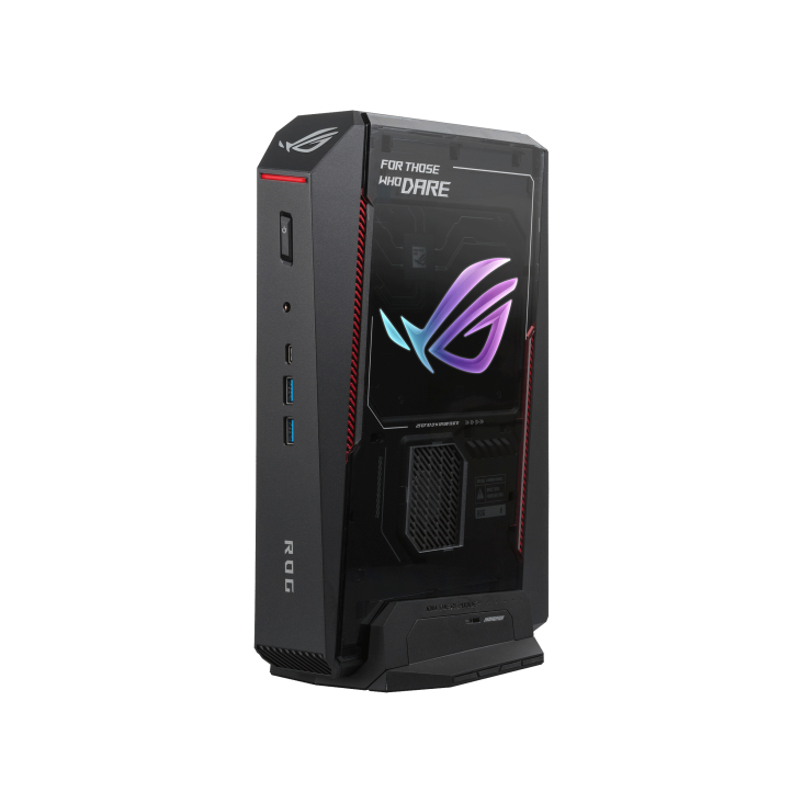 Black ASUS ROG NUC 16 gaming mini PC standing vertically with its RGB logo illuminated