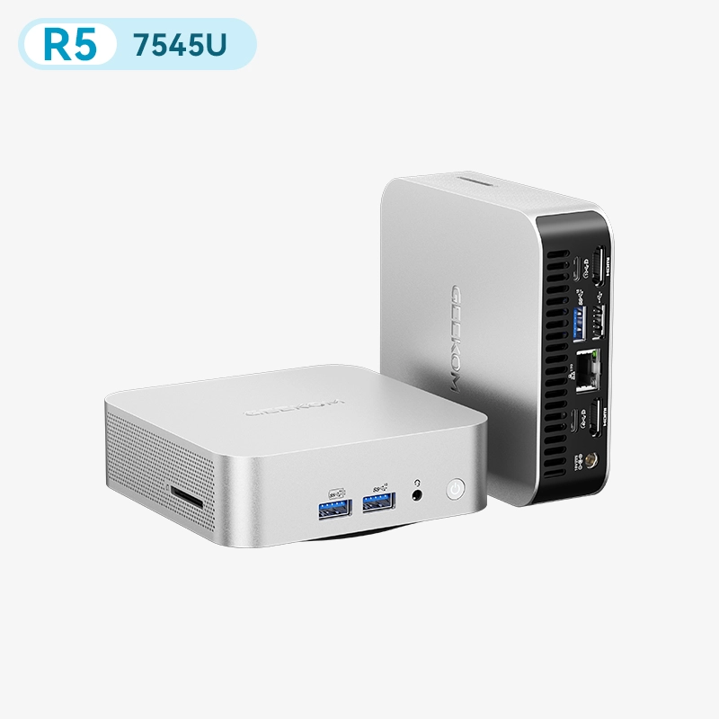 Silver GEEKOM A7 2026 Edition front and rear views with Ryzen 5 7545U label