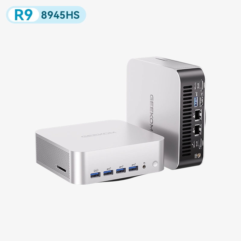 Silver GEEKOM A8 Max front and rear views with Ryzen 9 8945HS label