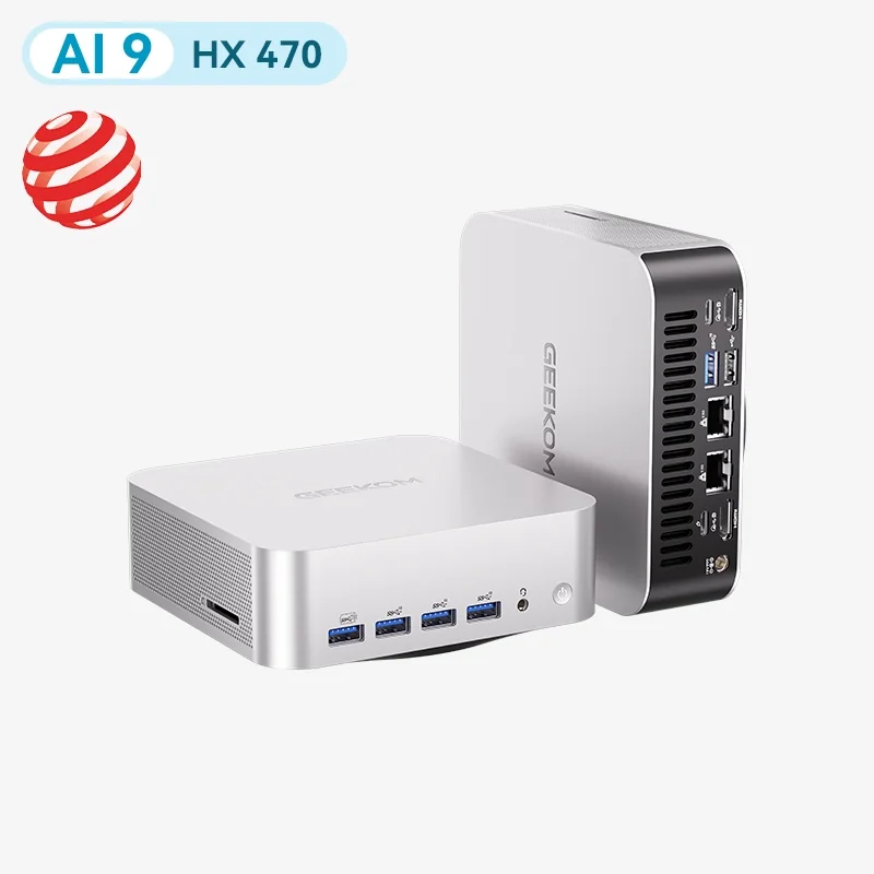 Silver GEEKOM A9 Max 2026 Edition shown from the front and rear