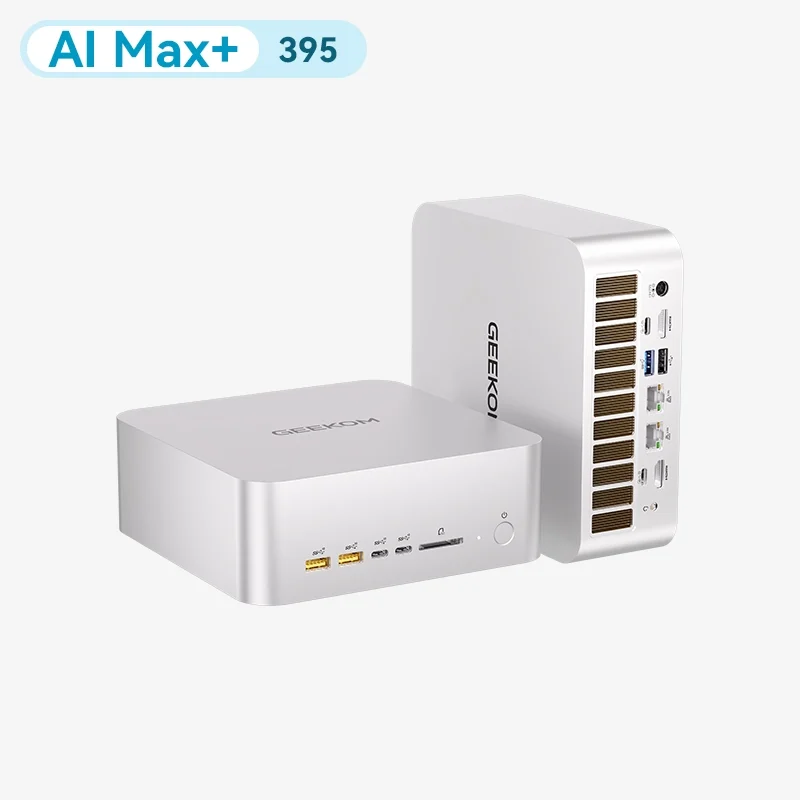 GEEKOM A9 Mega shown horizontally and upright in its silver aluminum chassis