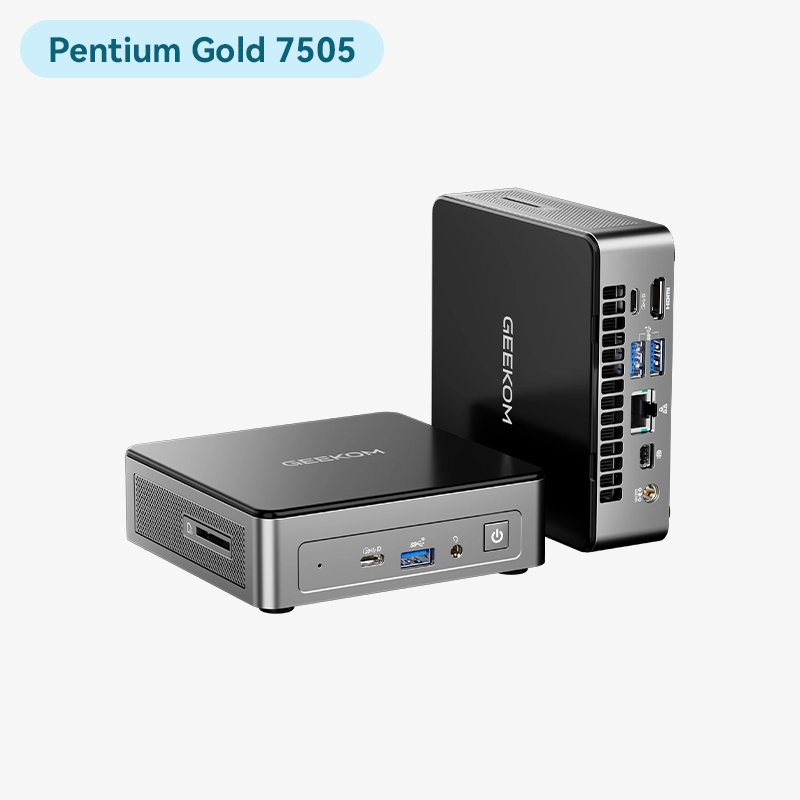 GEEKOM Air12 front and rear views with Pentium Gold 7505 label