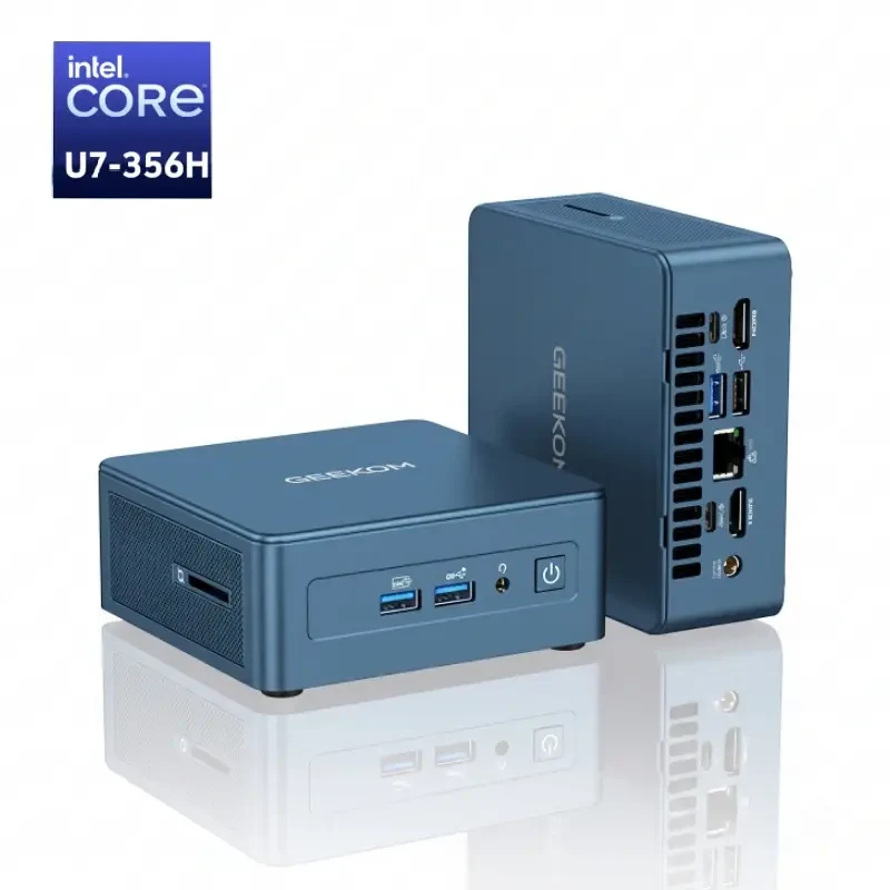 Blue GEEKOM IT13 2026 Edition shown horizontally from the front and vertically from the rear