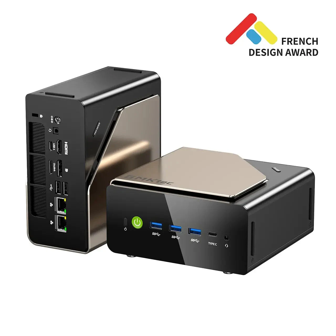 GMKtec EVO-T1 shown horizontally and vertically in its dark metal chassis