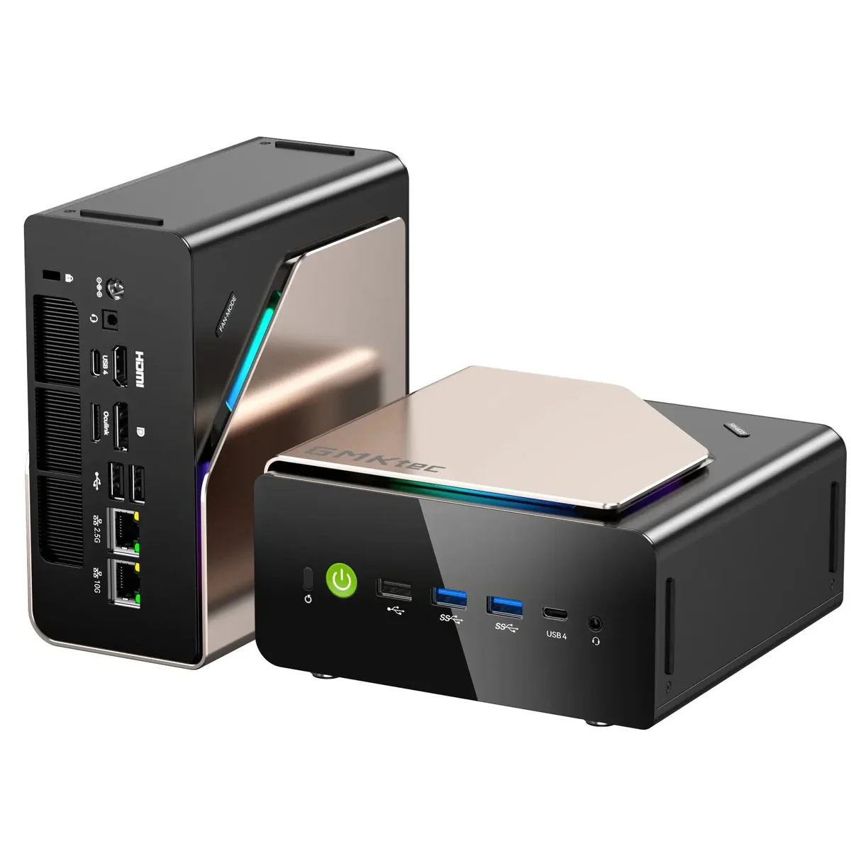 Black and bronze GMKtec EVO-T2S mini PC shown from the front and rear