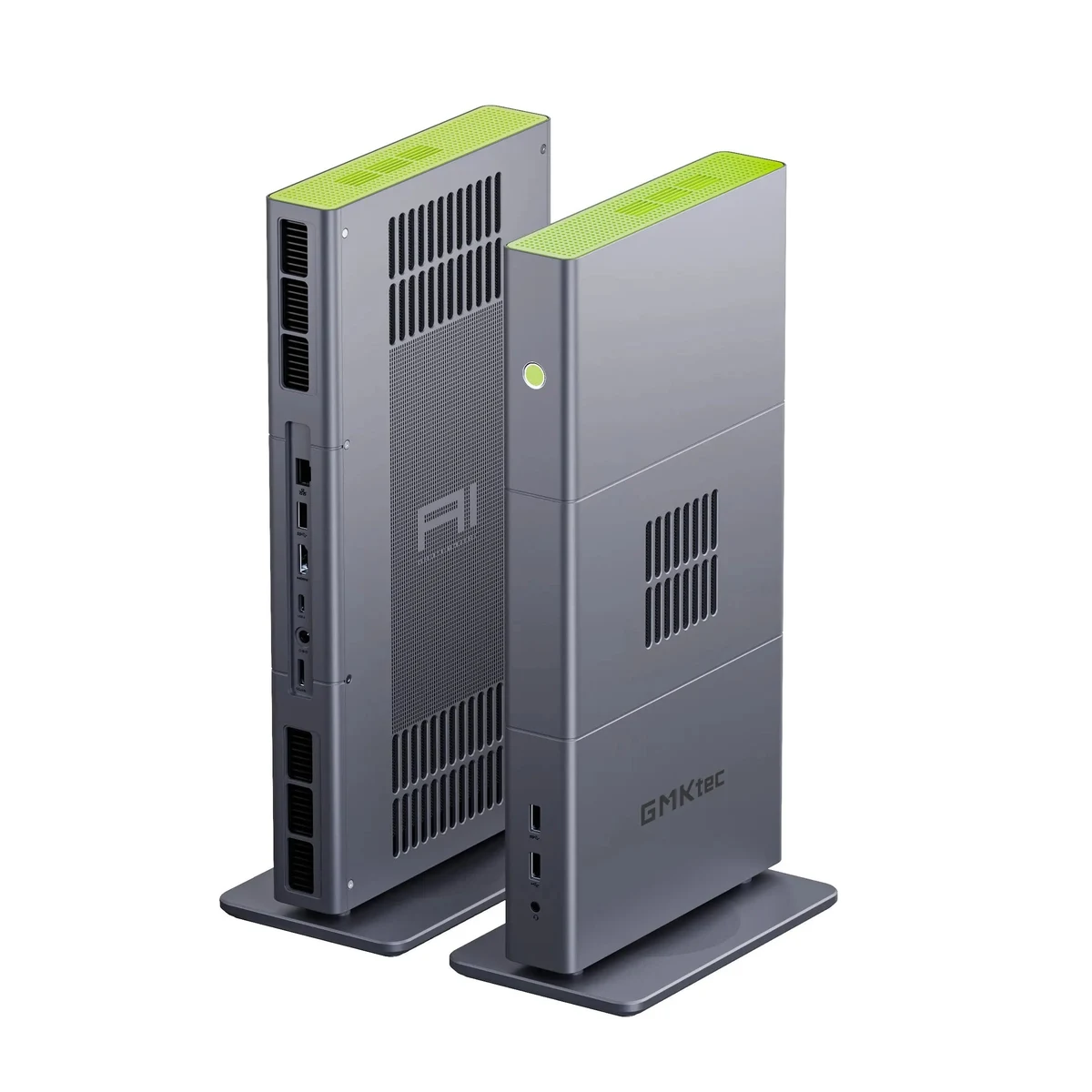 GMKtec EVO-X3 shown upright from the front and rear in its gray and lime-green chassis