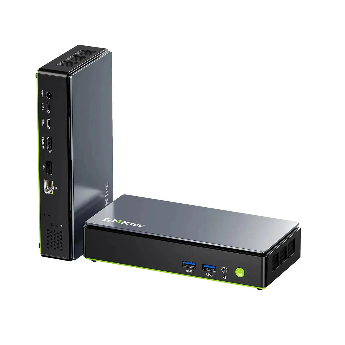 Black and green GMKtec K13 shown horizontally from the front and vertically from the rear