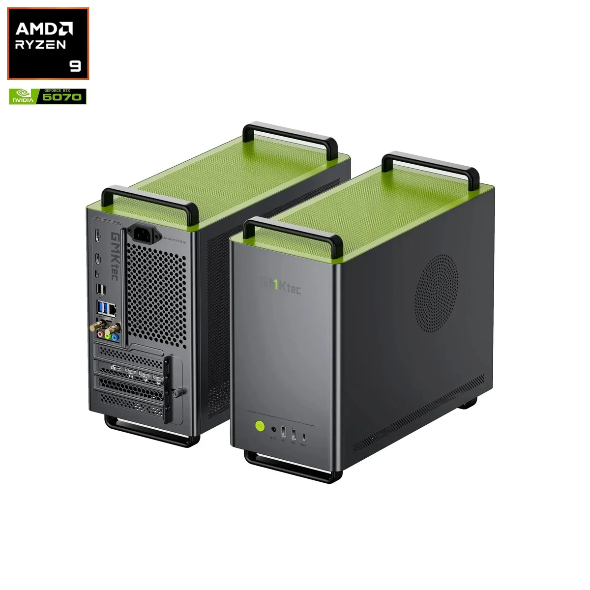 Gray and green GMKtec NEO-X1 Pro shown from the front and rear with top carrying handles