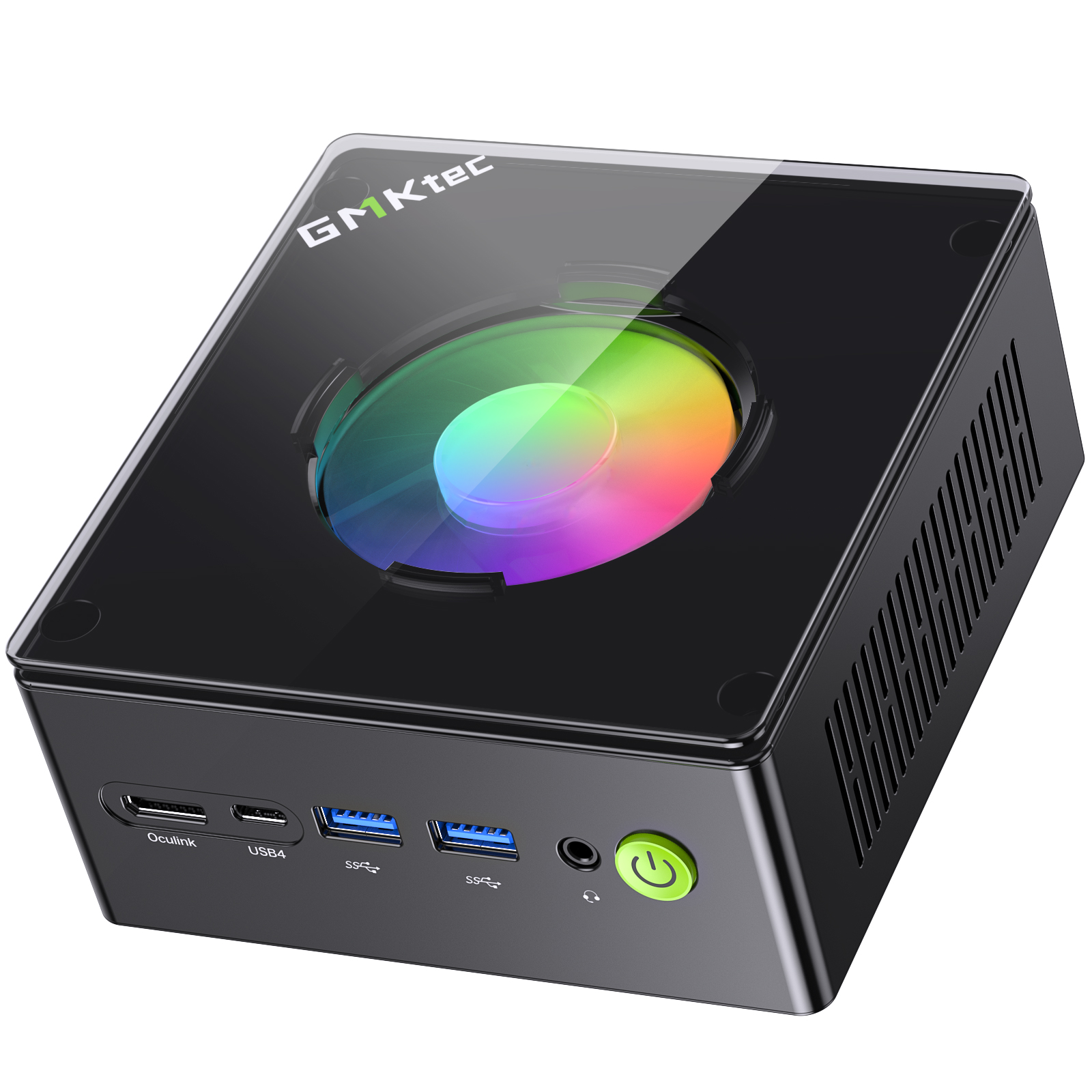 Black GMKtec NucBox K11 with translucent top, RGB fan and green front power button