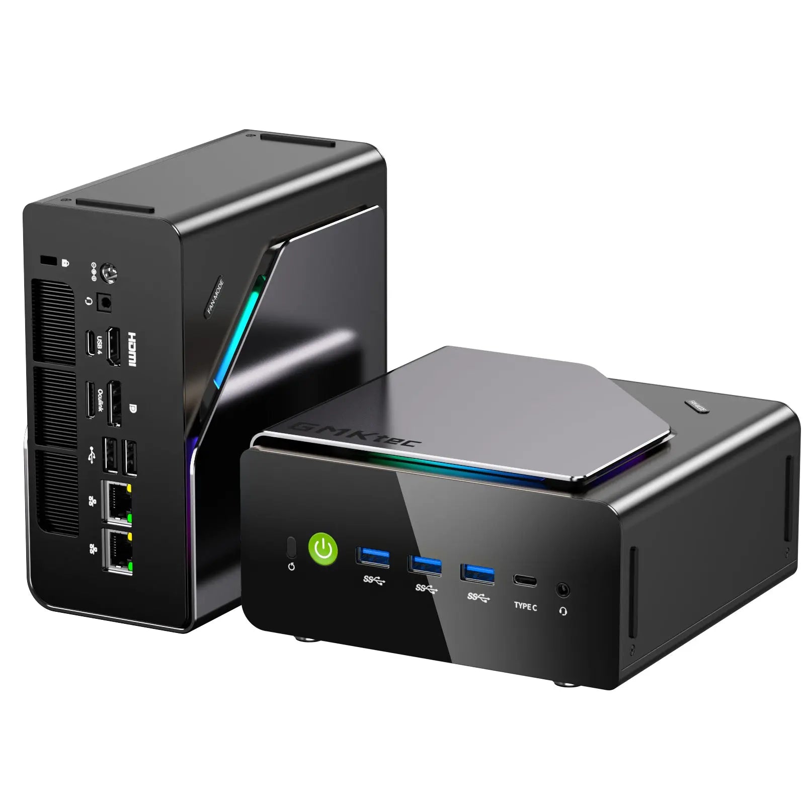 GMKtec NucBox K15 in metallic gray and black, showing front and rear angles