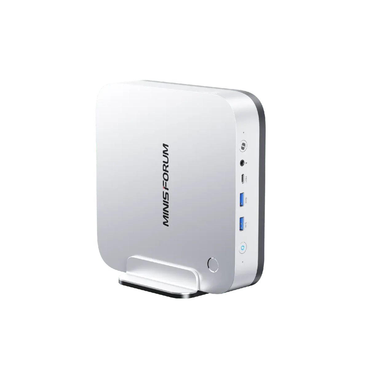 Silver MINISFORUM AI X1 Pro-470 mini PC in an angled front view