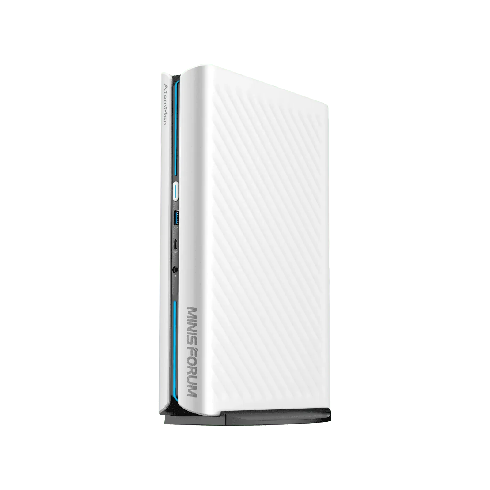MINISFORUM AtomMan G1 Pro standing vertically in white