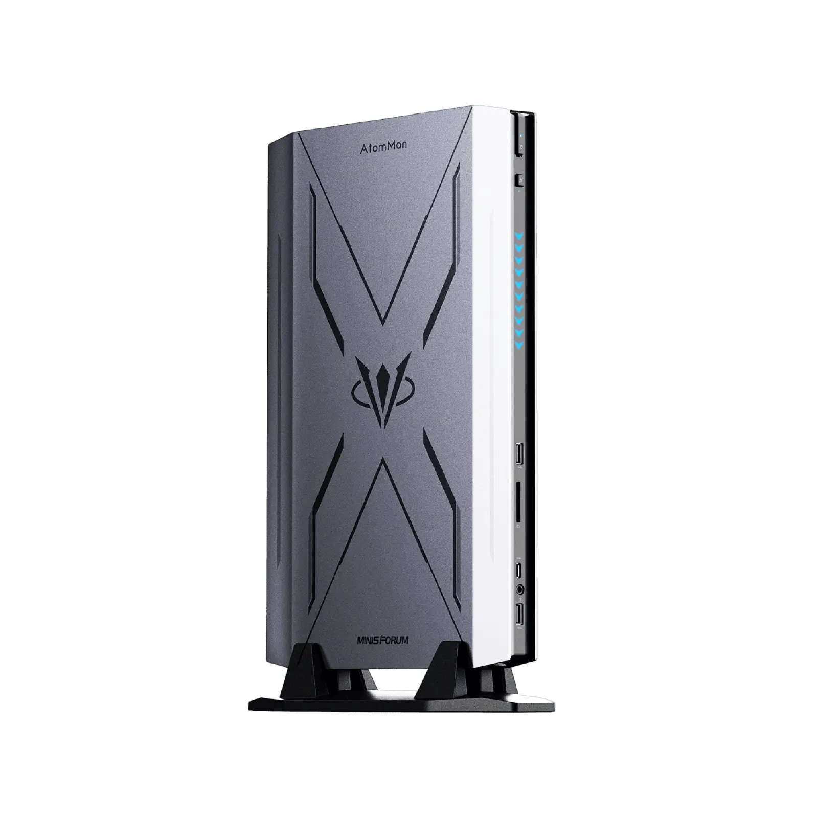 Silver MINISFORUM AtomMan G7 Pro standing vertically on its black base