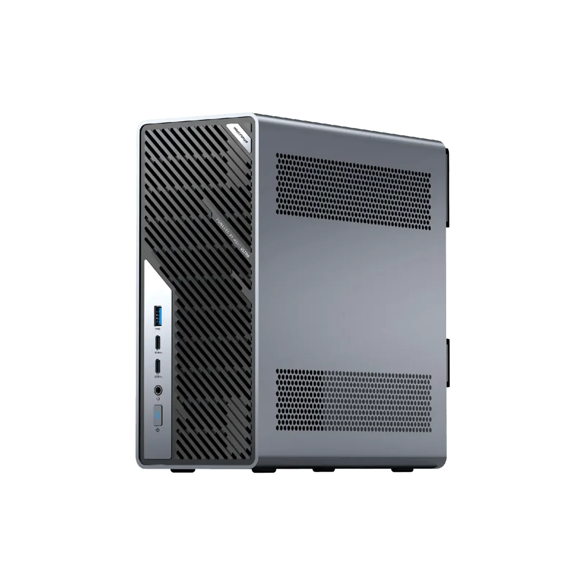 Gray MINISFORUM MS-02 Ultra mini workstation in a front and side view