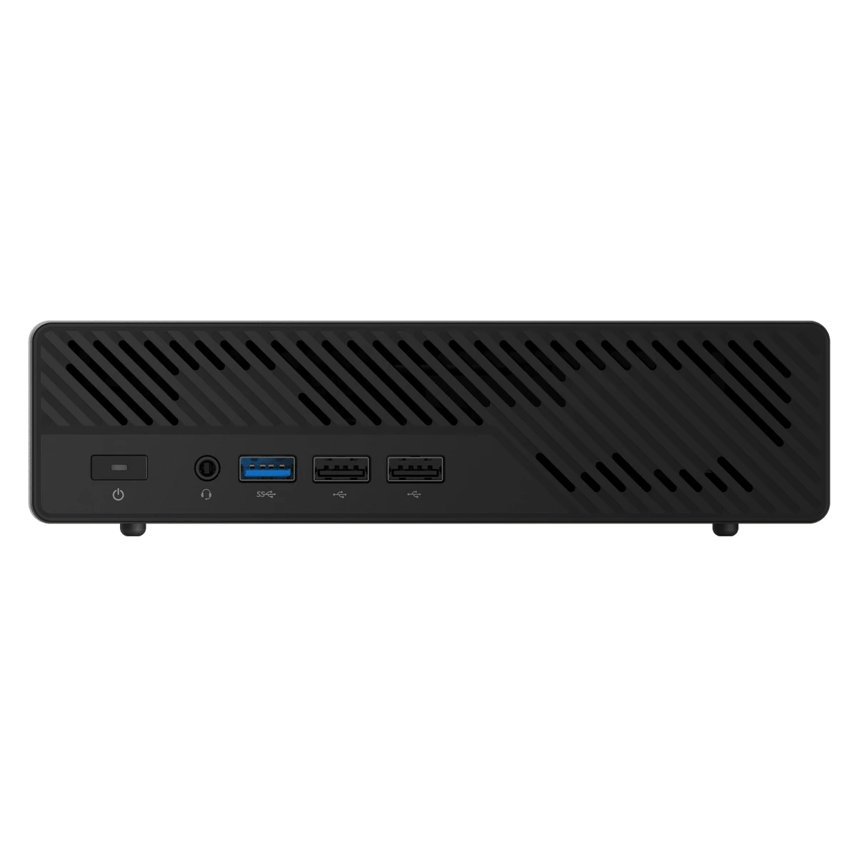 Black MINISFORUM MS-03 compact workstation viewed from the front