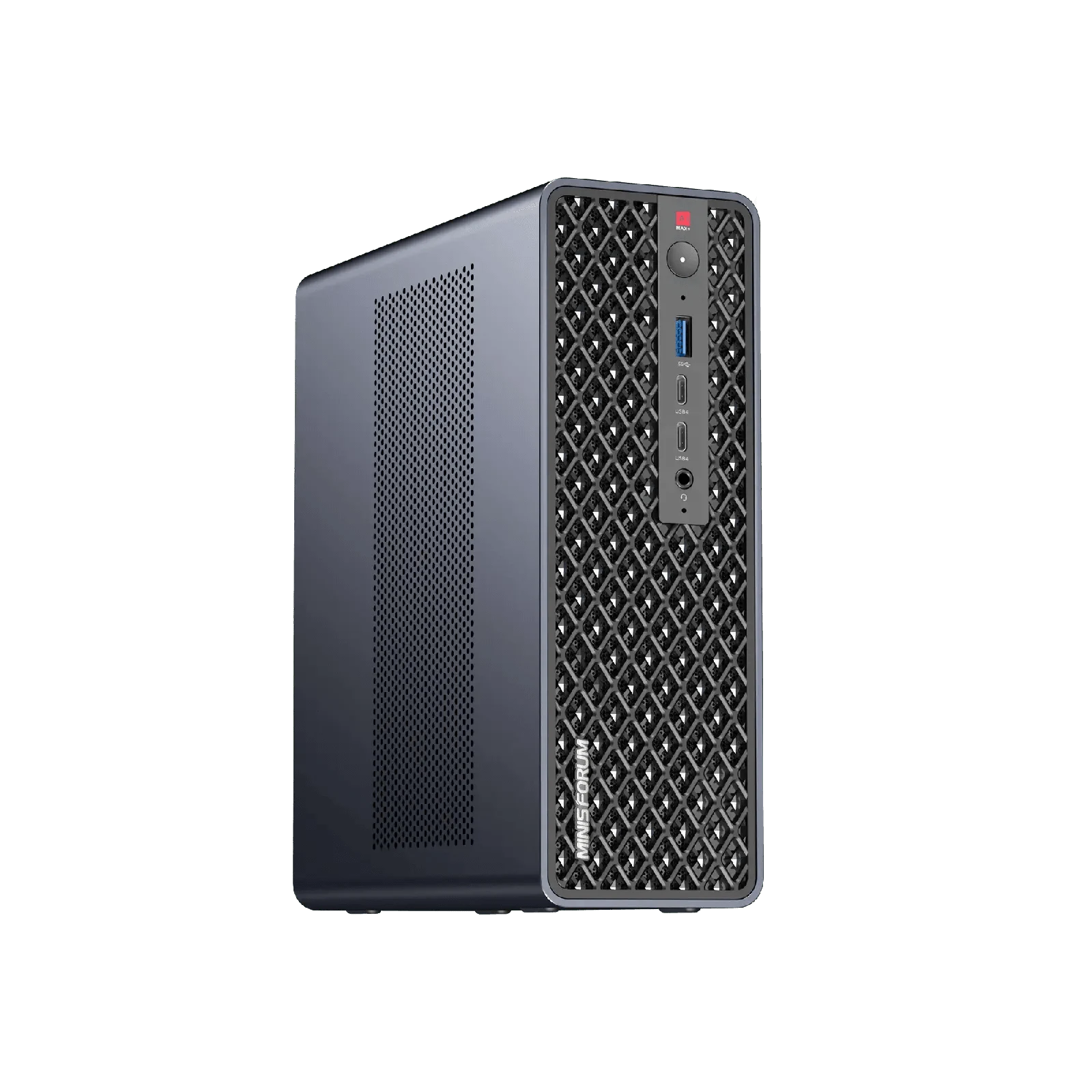 MINISFORUM MS-S1 Max viewed from the front in its dark gray ventilated chassis
