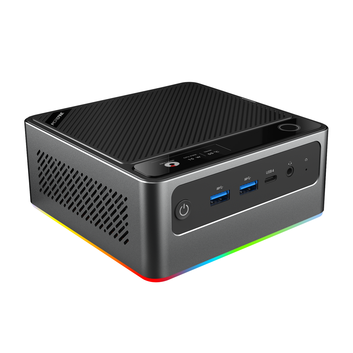 MOREFINE S700 front and top view with status screen and RGB strip