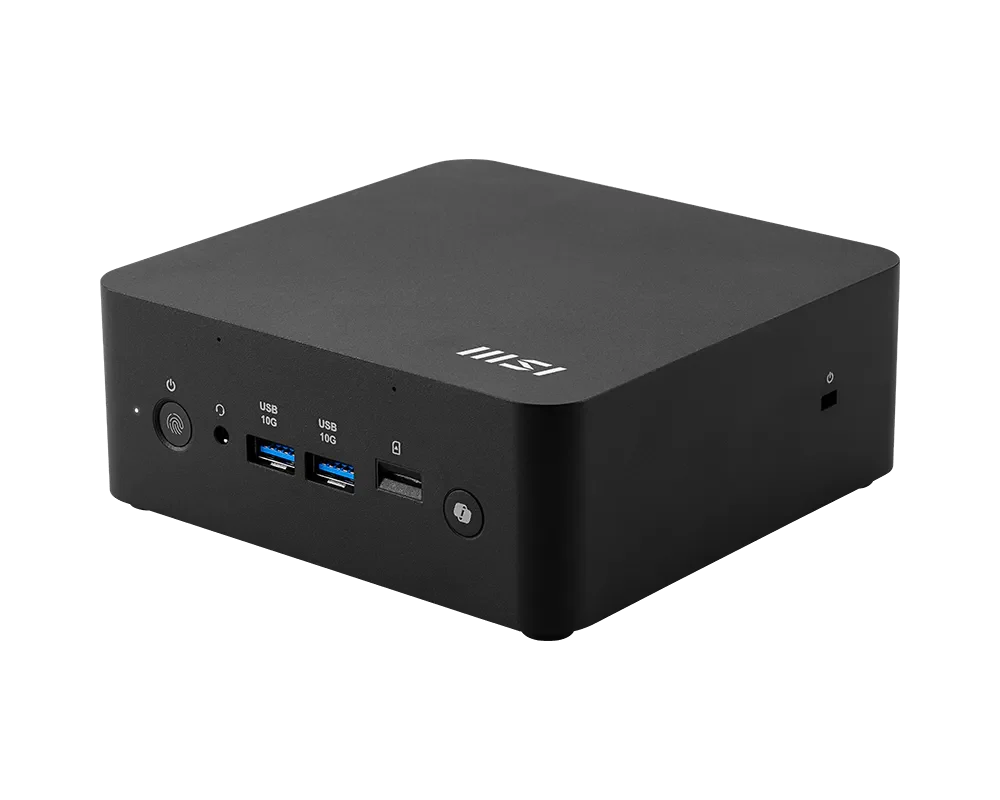 MSI Cubi NUC AI+ 2MG mini PC in black, viewed from the front-left
