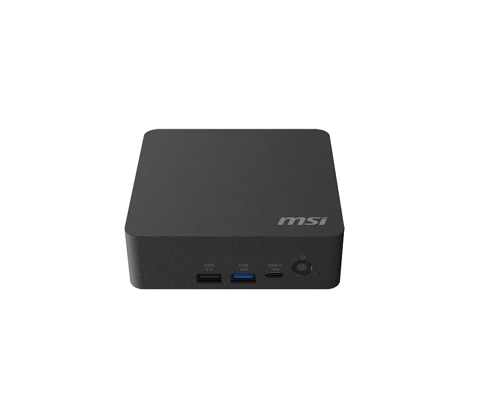 Black MSI Cubi NUC AI+ 3MG viewed from the front and above
